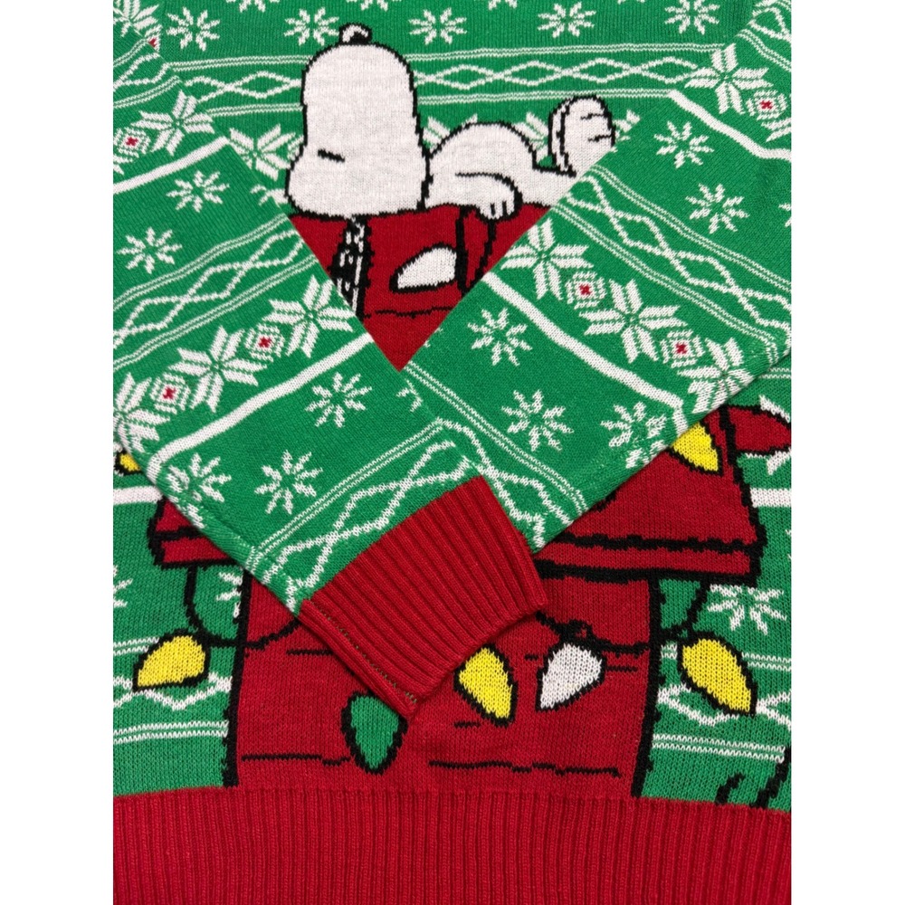 Peanuts Snoopy‎ Christmas Doghouse Ugly Holiday Sweater Green Red Mens Large L - Picture 6 of 11